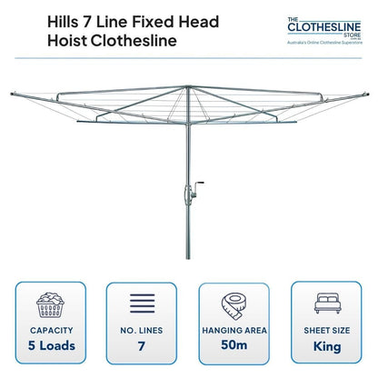 Hills 7 Line Fixed Head Rotary Hoist Clothesline Dimension.  4.5m diameter head, 5 wash laods, 7 wire lines, 50m hanging space, suits king sheets hung flat on the outer lines.