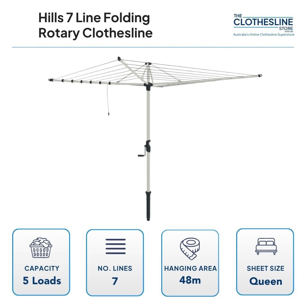 Hills 7 Line Folding Rotary Clothesline Dimensions.  3.6m diameter head measured diagonally, 5 wash loads, 7 lines, 48m hanging space, queen sheets hang flat over the out clothes line cord.
