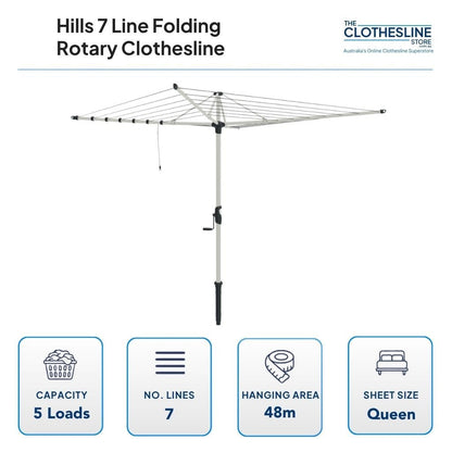 Hills 7 Line Folding Rotary Clothesline Dimensions.  3.6m diameter head measured diagonally, 5 wash loads, 7 lines, 48m hanging space, queen sheets hang flat over the out clothes line cord.