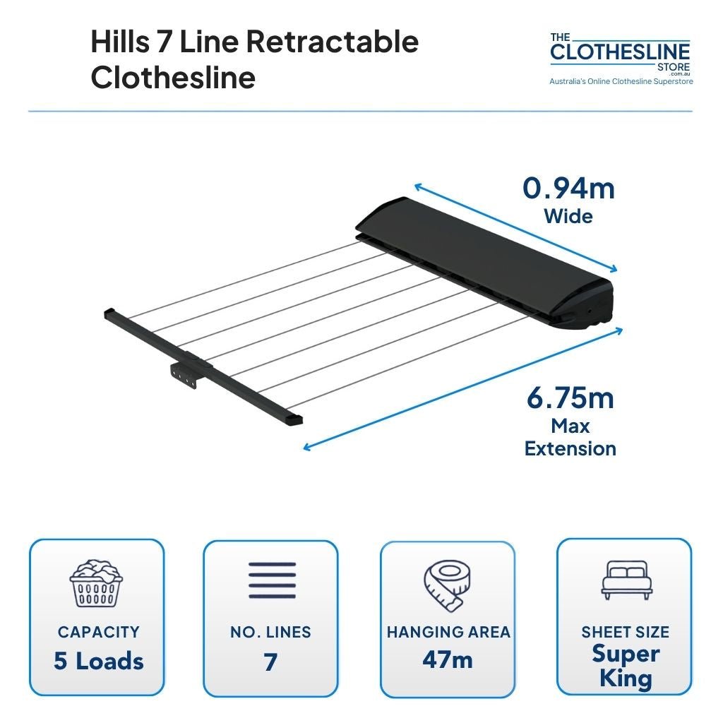Hills 7 Line Retracting Clothesline dimensions. 0.94m wide with max extension of 6.75m.  5 wash loads, 7 lines, 47m hanging space, suits super kings sheets hang flat over the line.