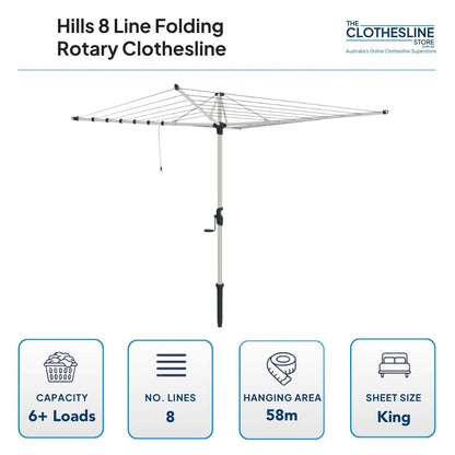 Hills 8 Line Folding Rotary Clothesline Dimensions.  4mtr rotary head diameter measured from diagonal arm to  arm.  6+ wash loads, 8 lines, 58m hanging space suits king sheets hung flat over the lines.