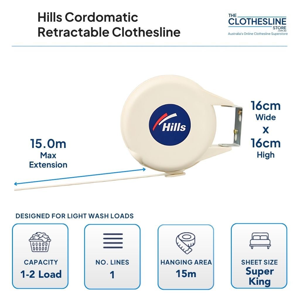 Hills Cordomatic Dimensions 1-2 Loads, 1 Line, 15m Hanging Area. Designed for Light Wash Loads.