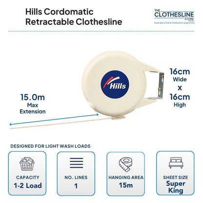Hills Cordomatic Dimensions 1-2 Loads, 1 Line, 15m Hanging Area. Designed for Light Wash Loads.