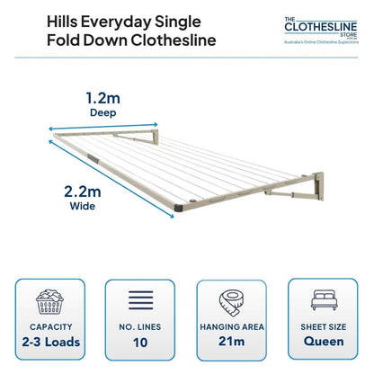 Hills Everyday Single Fold Down Clothesline Dimensions.  1.2m deep by 2.2m wide.  2-3 wash loads, 10 lines, 21m hanging space, suits queen sheets.
