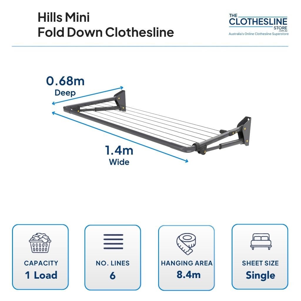Hills Mini Fold Down Clothesline Dimensions 0.68m deep x 1.4m wide. 6 Lines, 8.4m Hanging Space, 1 Load Capacity.