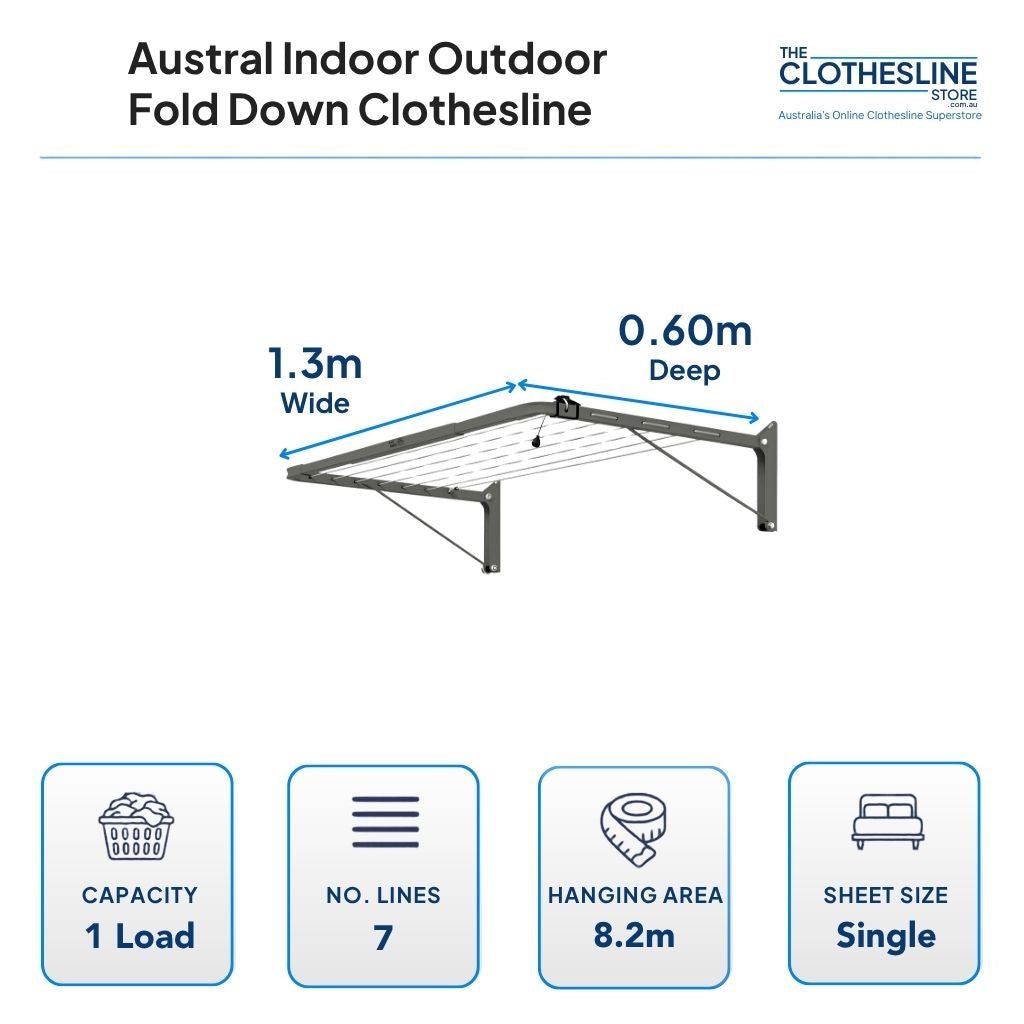 Austral Indoor Outoor Fold Down Clothesline Dimensions. 0.60m deep x 1.3m wide, 1 wash laod, 7 lines, 8.2m hanging space, suits single sheets.