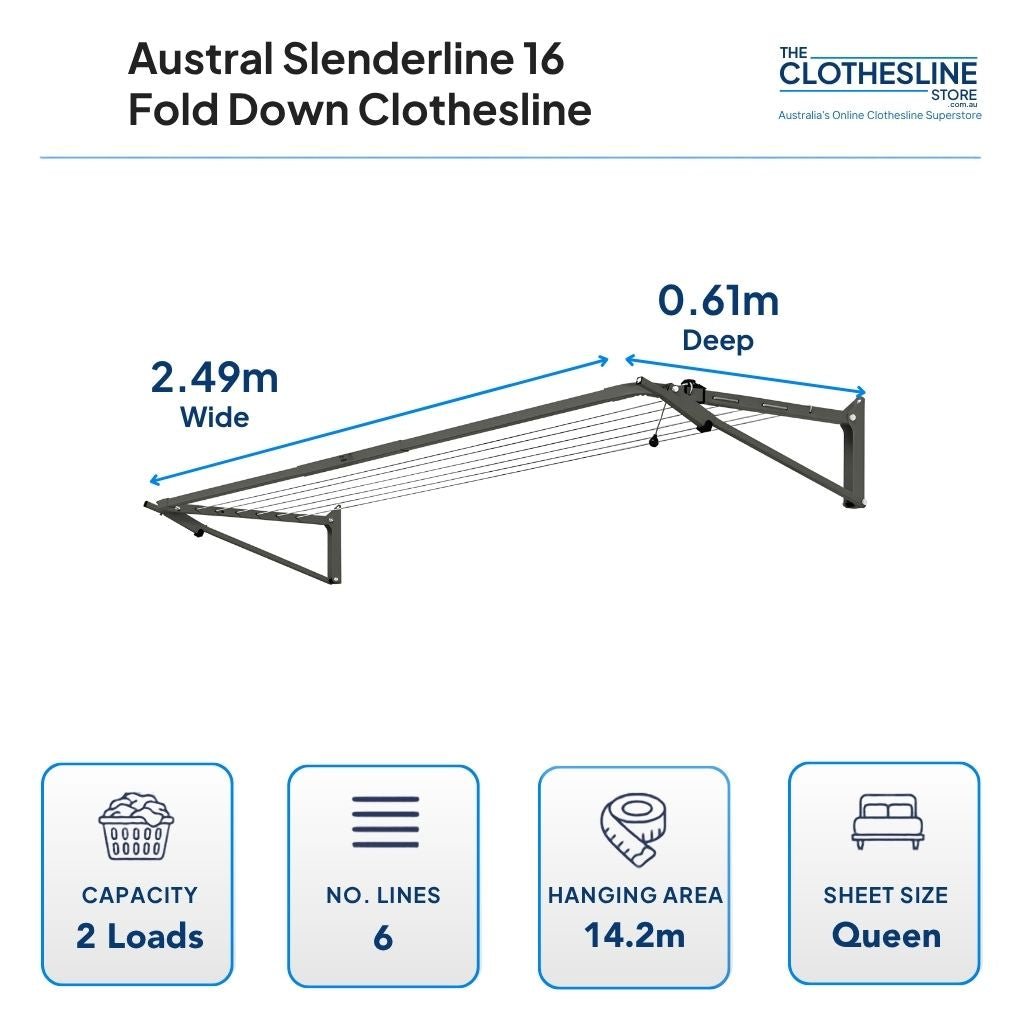Austral Slenderline 16 Fold Down Clothesline Dimensions.  0.61m deep by 2.49m wide, 2 wash loads, 6 lines, 14.2m hanging space, suits ueen sheets hung flat over the line.