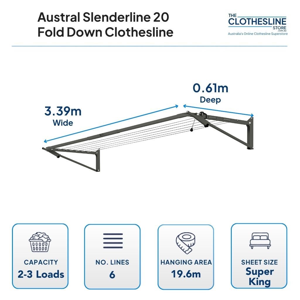 Austral Slenderline 20 Fold Down Clothesline Dimensions.  0.61m deep by 3.39m wide, 2-3 wash loads, 6 lines, 19.6m hanging space, suits super king sheets hung flat over the line.