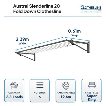 Austral Slenderline 20 Fold Down Clothesline Dimensions.  0.61m deep by 3.39m wide, 2-3 wash loads, 6 lines, 19.6m hanging space, suits super king sheets hung flat over the line.