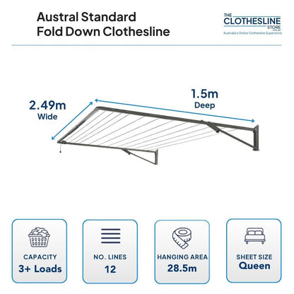 Austral Standard Fold Down Clothesline Dimensions.  1.5m deep by 2.49m wide, 3+ wash loads, 12 lines, 28.5m hanging space, suits queen sheets hung flat over the line.