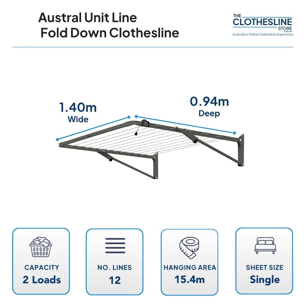 Austral Unit Line Fold Down Clothesline Dimensions.  0.94m deep by 1.4m wide, 2 wash loads, 12 lines, 15.4m hanging space, suit single sheets hung flat across the line.