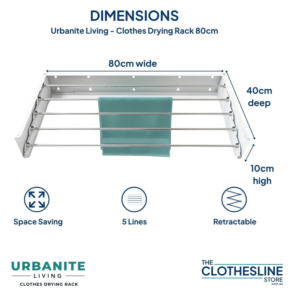 Urbanite Living Drying Rack in the colours white and black.  Sizes 80cm wide, 40cm deep (how far it sticks out from the wall), 10cm high.  Folded depth is 3cm. 