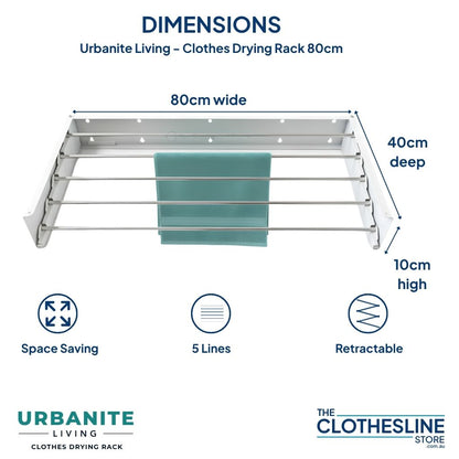 Urbanite Living Drying Rack in the colours white and black.  Sizes 80cm wide, 40cm deep (how far it sticks out from the wall), 10cm high.  Folded depth is 3cm. 