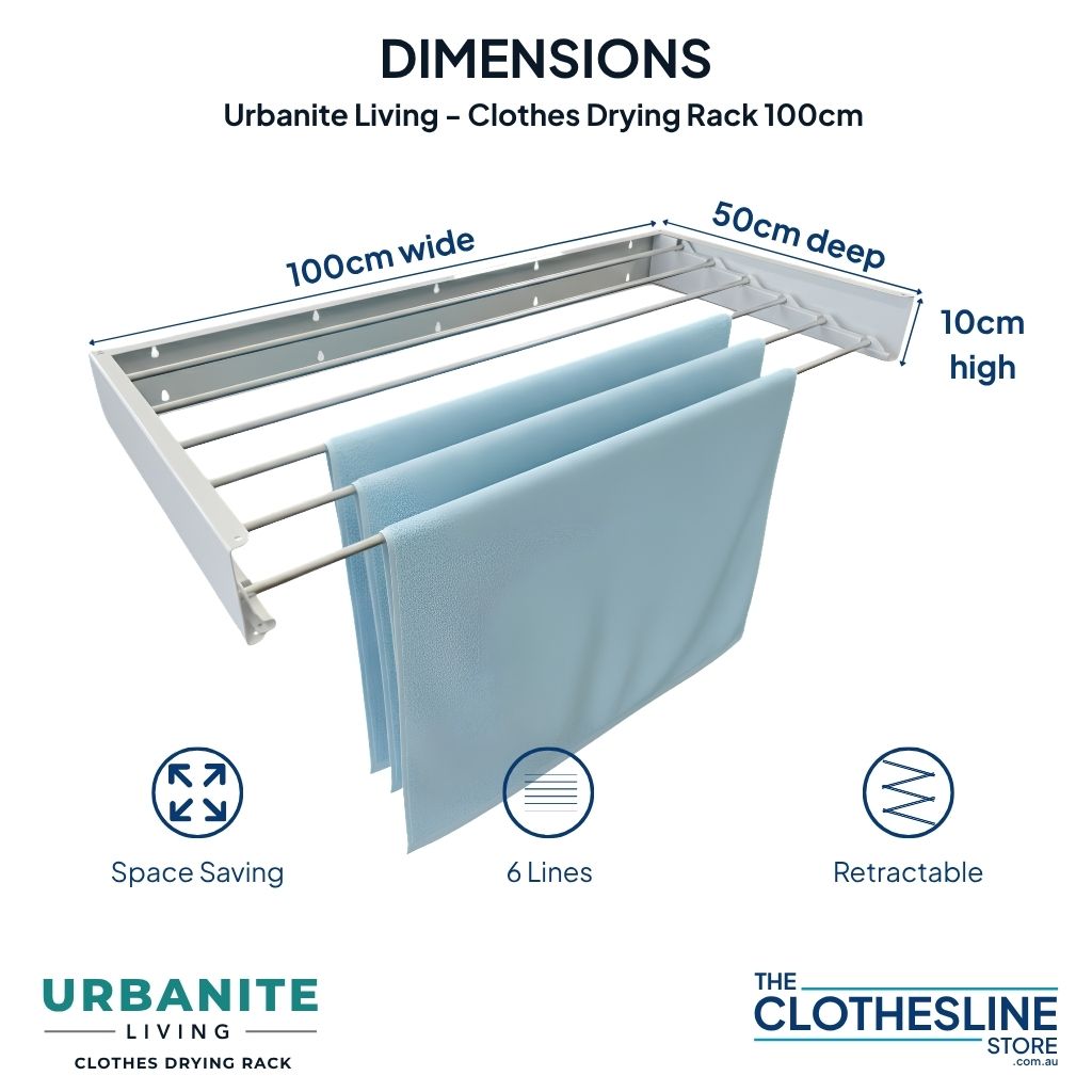 Urbanite Living Drying Rack in the colours white and black.  Sizes 100cm wide, 50cm deep (how far it sticks out from the wall), 10cm high.  Folded depth is 3cm. 