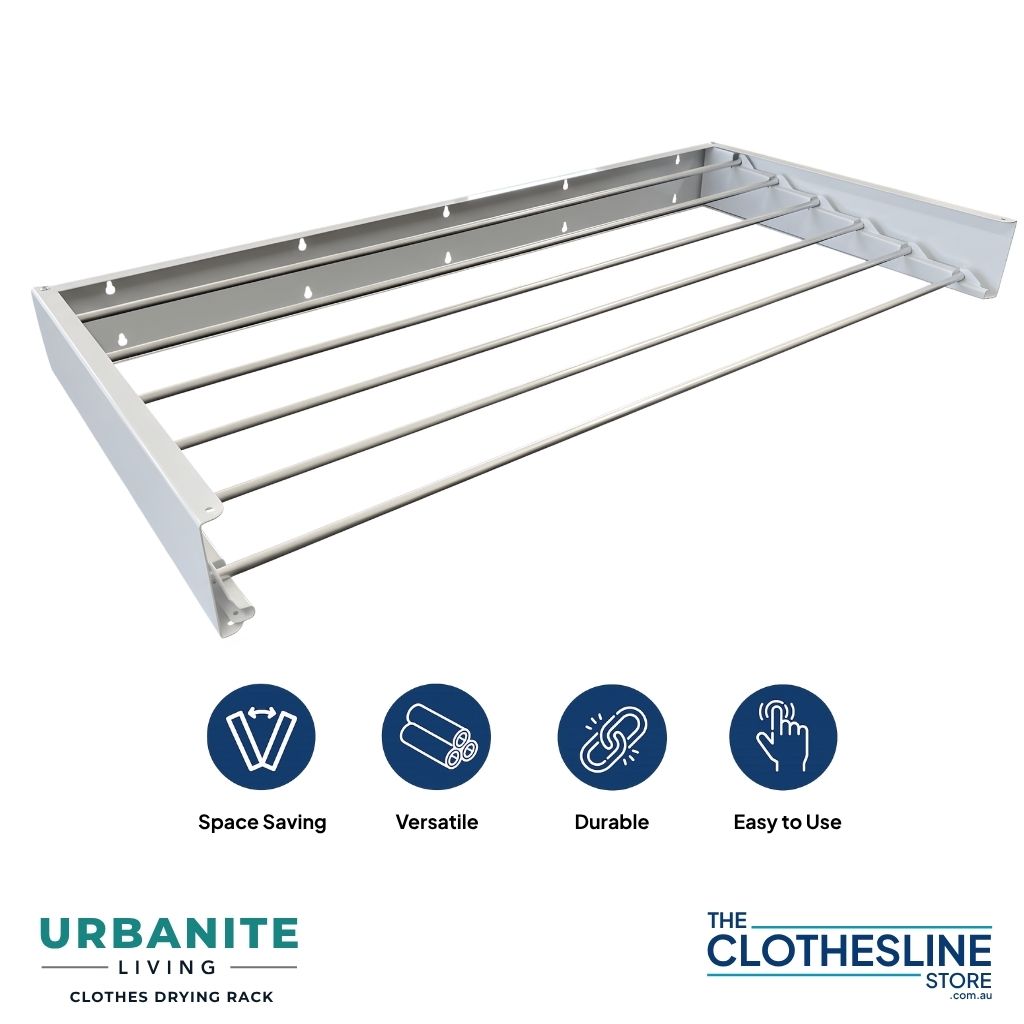 Urbanite Living Drying Rack in the colours white and black. On a white back ground with the text Space saving versatile durable and easy to use.