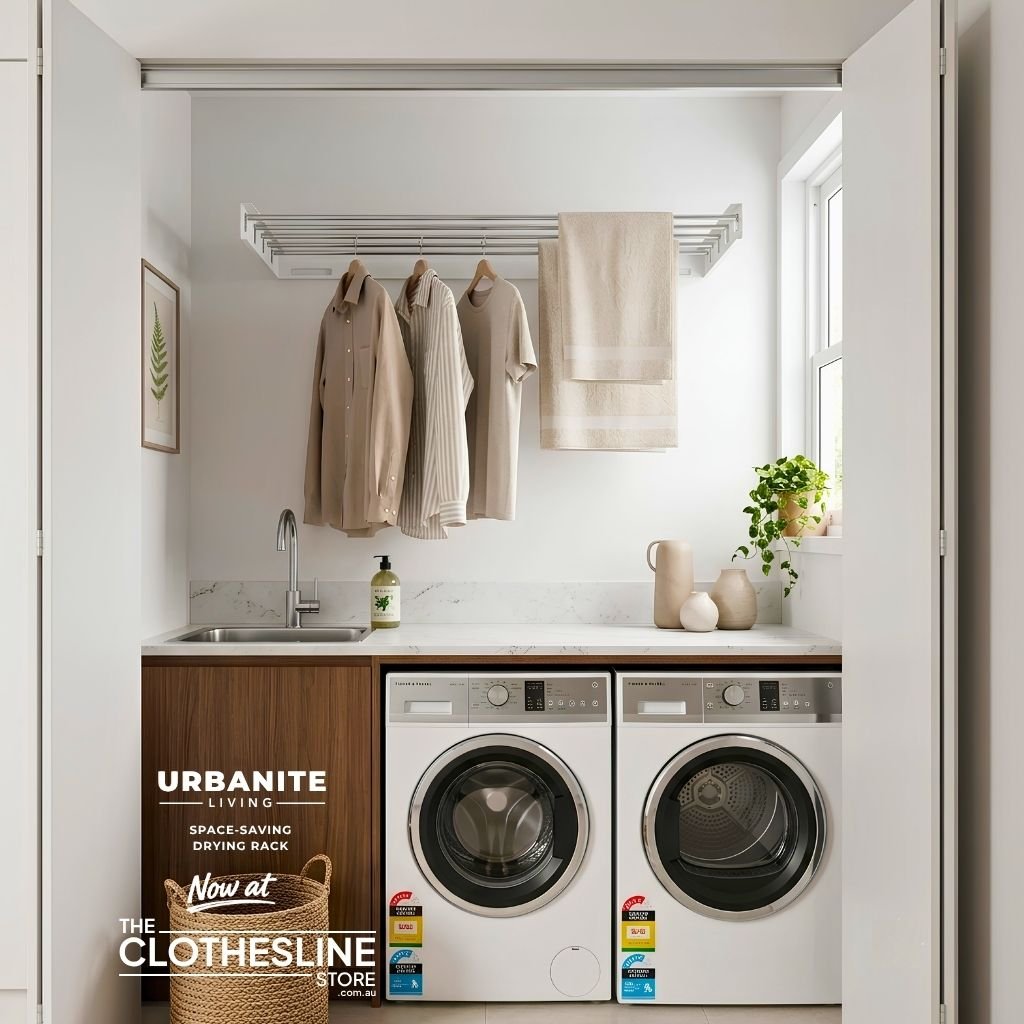Urbanite Living Drying Rack installed on the wall in a small compact laundry.