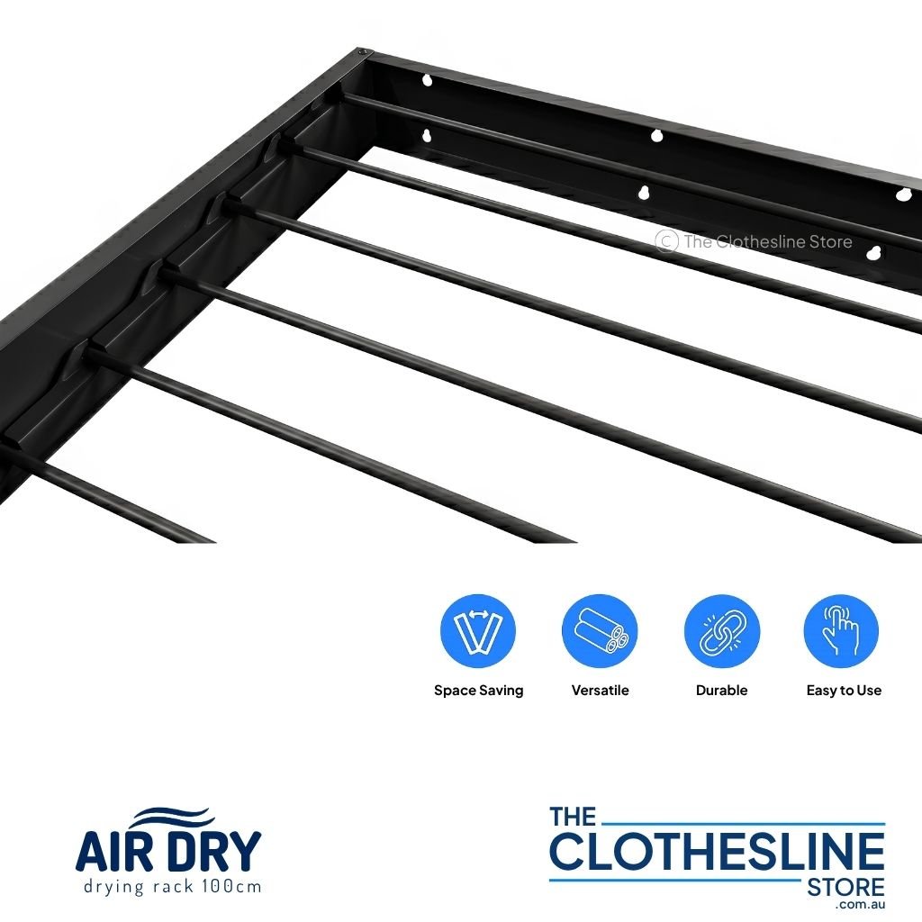 Close up of the Air Dry Clothes Airer Drying Rack with cons showing how it is versatile, durable, easy to use and space saving.  Colour is black.