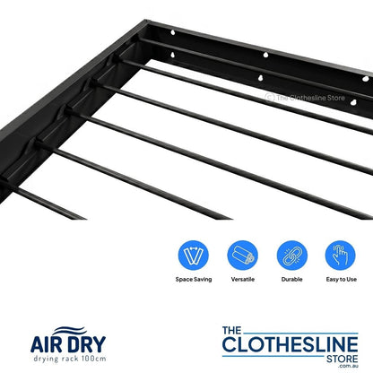 Close up of the Air Dry Clothes Airer Drying Rack with cons showing how it is versatile, durable, easy to use and space saving.  Colour is black.
